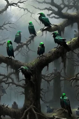A group of crows with human faces standing on a scary tree without leaves . its skin is covered in moss and lichen, allowing it to blend seamlessly into its surroundings. Forest Spirits feed on the energy of trees and can create thick fog to confuse their victims.