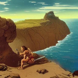 a landscape painting of a barbarian warrior on a cliff overlooking the sea by Richard Corben