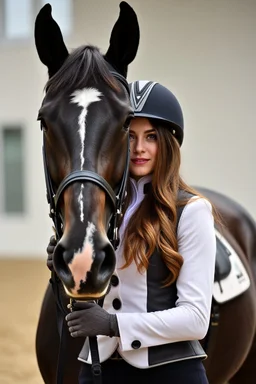 A portrait of a woman with long brown hair and red eyes in English riding gear standing with a black horse, dressage arena setting, modern