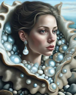 Create a fantastical image of a young beautyful woman in an elaborate dress resembling the interior of a pearl oyster, specifically a Pinctada, with rocks on the seashore in the background. An oil painting in the style of ultrarealism. The collar of the dress, like a hood, encloses the large, open jaw structures of the shell and the deep pearly interior, mimicking this bivalve. The person is also decorated with detailed patterns and textures that give the appearance of an aquatic creature, enhan
