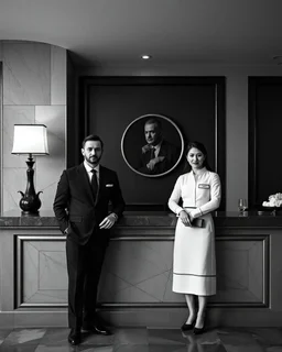 american gothic as hotel staff behind reception counter