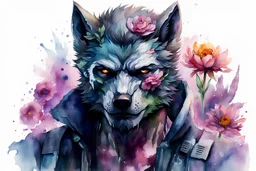 wolf man, cyberpunk in watercolor, flower, fine rendering, high detail, high resolution, 8K
