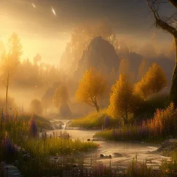 beautiful golden transparent landscape very etheric and cosmic, delicate colors, ultra sharp focus, 8k, unreal engine 5, extremely sharp detail, light effect, soft light atmosphere, smooth, full of details