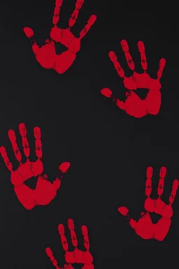 multiple dark red hand prints on a solid black background. some handprints leave streaking finger mark