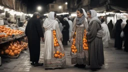 A full-length Palestinian girl wearing an embroidered dress and a white embroidered shawl buys oranges from an old seller wearing a keffiyeh in the market of Jerusalem, 100 years ago, at night with multi-colored lights reflecting on her.