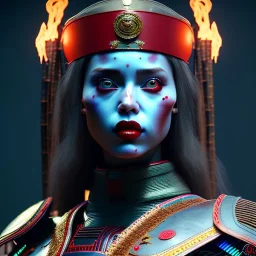 Latin woman, rounded face, blood, black, red, cyan, samurai helmet, decorative color feathers, retro, bamboo, leather, soft color, highly detailed, art stations, concept art, smooth, unreal engine 5, god rays, ray tracing, RTX, lumen lighting, ultra detail, volumetric lighting, 3d, finely drawn, high definition, high resolution.