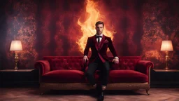 Hyper Realistic Handsome-Muscular-Man Wearing Maroon-&-Black-Velvet-Tuxedo in flame-patterned-vintage-wall with glowing-embers on the floor in a dark-room with fancy-couch-&-fancy-lamps-on-wall