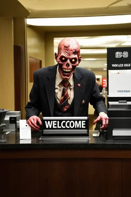 visceral rotting zombie working as a bank teller, "WELCOME" sign on the counter, macabre