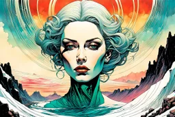 create a highly ethereal, darkly magical surrealist portrait illustration of Lamae Bal, with highly detailed and deeply cut facial features, in the chaotic, turbulent, otherworldly landscape of Coldharbour in the comic art style of BILL SIENKIEWICZ and JEAN GIRAUD MOEBIUS, searing lines and forceful strokes, precisely drawn, inked, and darkly colored