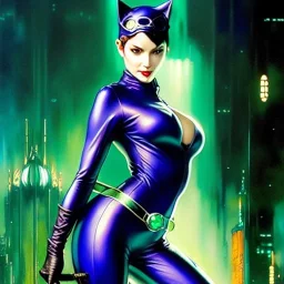 fullbody portrait 'beautiful Sexy Busty CatWoman',wearing skintight transparent suit,crystal clear green eyes,painting by gaston bussiere, greg rutkowski, yoji shinkawa, yoshitaka amano, tsutomu nihei, donato giancola, tim hildebrandt, oil on canvas, cinematic composition, extreme detail,fit full head inside picture,32k