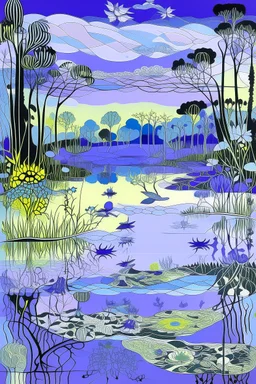 A grayish violet wetlands with fairies designed in Australian aboriginal art painted by Andy Warhol