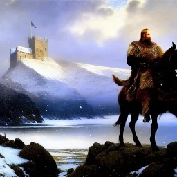 portrait of 'The Northman-Viking King on horse',ancient metal armor,castle,army, snow, cold, painting by gaston bussiere, greg rutkowski, yoji shinkawa, yoshitaka amano, tsutomu nihei, donato giancola, tim hildebrandt, evan lee,oil on canvas, cinematic composition, extreme detail,fit full head inside picture,16k