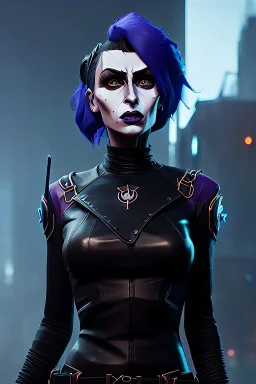 A portrait of post-apocalypse witch SOPHIA LOREN dressed in shiny black leather in a cyberpunk city, sci-fi fantasy style, volumetric lighting, particales,highly detailed,cinamatic, deep colours,8k.