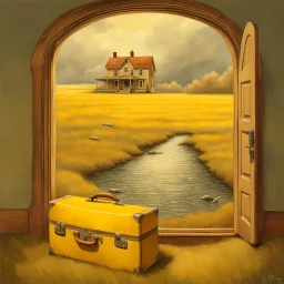 Surrealism in the style of Alex Alemany, a beach, an old open battered, dirty suit case sitting open near the water, inside the suitcase Kincaid landscape of a yellow farmhouse estate called Merrill House in Andover Maine, gate to a stormy valley in the middle of a meadow,Jean-Baptiste Monge style a surreal artwork that depicts a scene within a cracked open half-circular world. The edge of the circle is decorated with rocks and a tree that grows out of the sides..A group of elderly women walks a