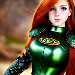 realistic, hyper detailed, stunningly beautiful 16 year old teen girl, long ginger hair, green eyes, medium freckles, full lips, revealing leather armour, full body and head, c-cup breasts, stern expression, full frame, petite, ignore NSFW, shortbow, quiver on hip, sexy