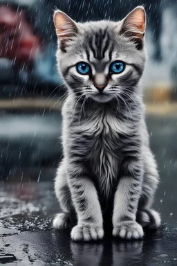 little sad cat, grey, big eyes blue, very wet, crying, so sad, no home, sitting on floor, street, raining, rain storm, raining hard, front view