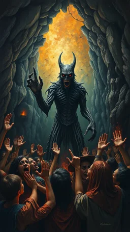 Bosch painting style nightmares, of people are crying and begging with hands up like prying in fear , all picture filled with caves and fires like hell , a big scary mysterious creature standing in the middle , all afraid of him