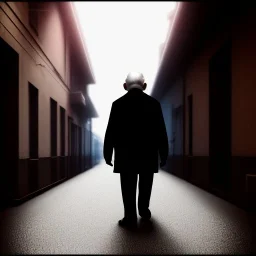 old man walking in a dark street and there is a black cat walking around him, realistic, photo