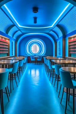 A restaurant whose outer walls are oval in shape, the color of the inside is blue, and its floor is light, with a bar table in the middle of the restaurant in the shape of an oval containing 30 chairs