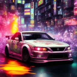 volumetric japan city environment and background, realistic pop-art illustration and highly detailed digital painting of illegal street drifting, ghost flames, inside a vibrant city, underground jdm scene, d1 grand prix, nissan, mitsubishi, otaku, neon, toyota, honda, subaru, highly detailed, money, high contrast, realistic shaded volumetric lighting, 8k, tokyo drift, reflective ground, octane render, smoke, burnout, vitality colours, colorful, uhd, blue fires, dk, hooning manga art by sam curry