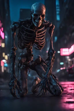 Extreme grandiose and cinematic photo in realistic colors (sparks around) (( cyborg skeleton)) dirty realistic ragged clothes, dynamic pose and expression, in the city ally of neon tales, high lighting, intricate, 8k, macro photography,