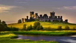 Old stone castle on the edge of the river by the grassy plain