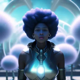 Ultra realistic photo. volumetric lighting , scientist. Young black woman, young, big smile. Joy. smiling. Afro futurism. Afro puffs. Blue hair. Ombré hair Cotton candy. Futuristic cities in background. Space. Space travel. Silver. Cities