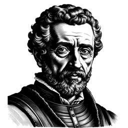 hand drawn black and white scratchboard portrait of Santiago Compostela