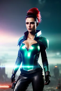 Futuristic warrior, waist up portrait, physically fit, latex and leather attire, green hair, blue eyes, intricate eyeliner, vibrant eyeshadow, clear completion, soft lighting, 4k resolution, intricate details, insanely detailed, colorful cityscape background, masterpiece, expert, cinematic smooth, retroanime style, realistic details, no helmet