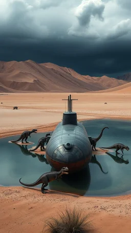 A nuclear submarine left in the desert on a little lake with sands T rex dinosaurs are on it and around it and stormy clouds ,
