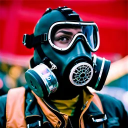 close up documentary photography, Calgary, Respirator, scientist, Dystopian, draught, Hyper detailed, realistic, Extreme depth of field, bokeh blur, Alberta, all-natural, in the style of candid, Captured on lustrous Kodak Vision3 Color Negative Film 500T 5219, 2030, cyberpunk