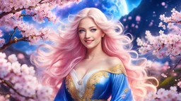 ((best quality)),((masterpiece)),ultra detailed background ((Cherry Blossoms)),(30 years old Sweedish gorgeous smiling woman), medium breast,wearing flowing dress, golden blue flowing hair glamour,(blue eyes),beautiful face,((white mists:1.4)),(pink dust:1.2),mysterious,mysteries of galactic universe,yellow lightnings,volumetric lightnings,dark and blurry background,