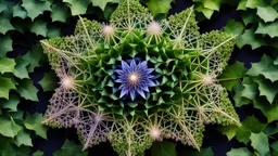 1423, delightful, sensitive, confident, iridescent stellated buckyball, star-shaped, nocturnal, architecture, award-winning photograph, beautiful composition, intertwining ivy, delicate colour, chiascuro