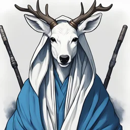 Portrait of a white deer jedi, wearing blue and white robes and a hood