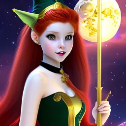 Attractive teenage girl with red hair and golden highlights, who is dressed like a witch casting a spell with a quarterstaff on the moon, she has calico cat ears, green eyes looking at the moon, has a normal nose, background is realistic space, the girl is on a planet, goth girl dress, full body portrait, arm colors gradient effect into stars, rendered, unity 3d, unreal engine, dslr, hdr, 4k, edited, photorealistic, normal number of appendages, freckles, artists rendered