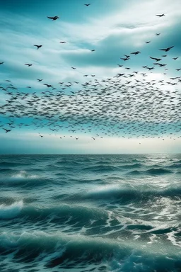 sea with sky and alot of birds , fish in the sea