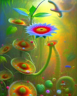 mystical venus fly trap, flowers, jungle, vibrant colours, impressionism, soft lighting. trees in background,