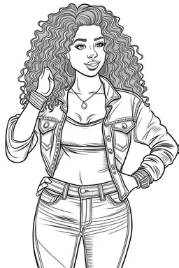 coloring page black curvy woman wearing jeans, eyes front camera