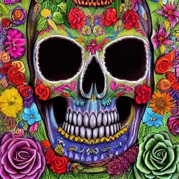 high-quality, fine-detail melted crayon drawing of realistic 3D day of the dead skull with flowers, artwork, 8k, intricate, detailed, illustration, brian froud, howard lyon, george grie, ben goossens, anna dittman, jeffrey robert, don marco