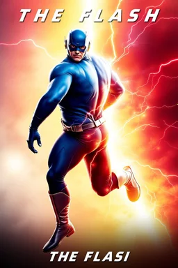 1/4 side view, looking at the viewer, Movie Poster - "THE FLASH" - A massive, thick, extremely muscular, 7'8" tall man, ((skintight, formfitting, long-sleeved, Blue spandex bodysuit:1.5)), ((Silver knee-high boots:1.5)), ((Silver wrist gauntlets, blue fingerless gloves, silver, double holstered utility belt:1.5)), ((skintight, formfitting, blue spandex helmet with blue eye disguise,:1.5)), Running, multicolored lightning emanating from his body, an overly exaggerated muscular stature