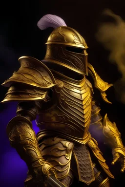 a suit of golden gladiator armour that is haunted by a plume of purple smoke