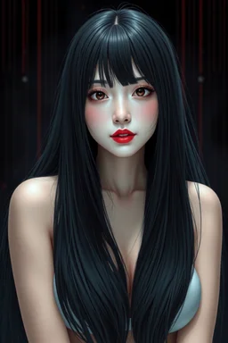 Beautiful Japanese woman, very long black hair, very serious, funny, red lips, black eyes, nice body, big bubs, with dark and gloomy technological background, high image quality, good understanding of artificial intelligence to create the image.