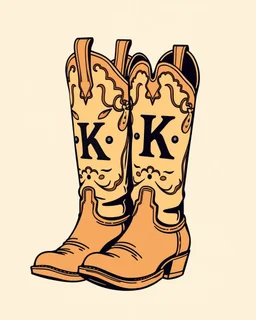 pair of cowboy boots with a large "K" in the pattern on the side of the closer boot. Vector illustration with very bold linework, western poster