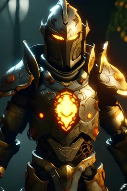 warforged knight wearing lion inspired breastplate armor with glowing chest and orange round eyes