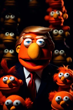 Waist up EVIL muppet Portrait of Accurately representing Angry evil Orange Donald J Trump as muppet doll made of felt, president, photo studio, black background, unreal engine 5, concept art, art station, ray tracing, lumen lighting, ultra detail, volumetric lighting, 3d. He looks 80 years old.