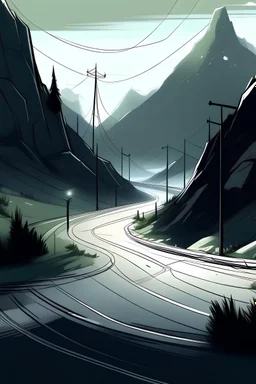 Give me a render sketch of a mountain climbing route with signposts and electric light poles on both sides of the road
