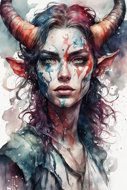 highly detailed, watercolor concept illustration of a female Tiefling rogue wander character , maximalist, sharp focus, highest resolution, in the styles of Agnes Cecile, and Alex Pardee, 8k, coarse, gritty textures