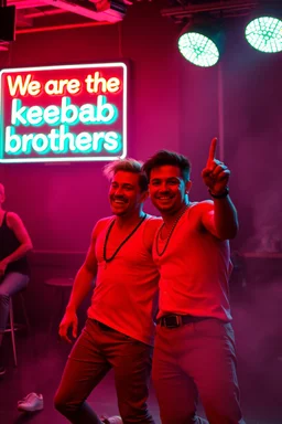 An "Identical twins" performing at dance club, theyre name is "Martin and Mercurius" Happy and celebrity look, , Neon lights and smog, "We are the kebab brothers" big sign on the wall