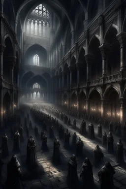 dark fantasy art of a medieval abandoned hall with thousands of people