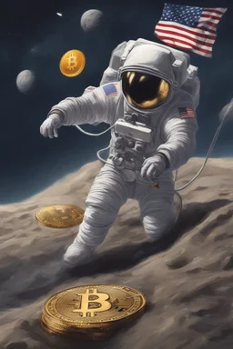 "Generate an awe-inspiring 8K illustration depicting an astronaut triumphantly planting a Bitcoin flag on the lunar surface. The cosmic backdrop should be a chaotic yet mesmerizing scene, replacing traditional stars with various cryptocurrencies. Envision shooting stars as dynamic market movements, while trading charts and pips seamlessly integrate into the background, forming a visually stunning representation of the crypto universe's conquest of the moon."